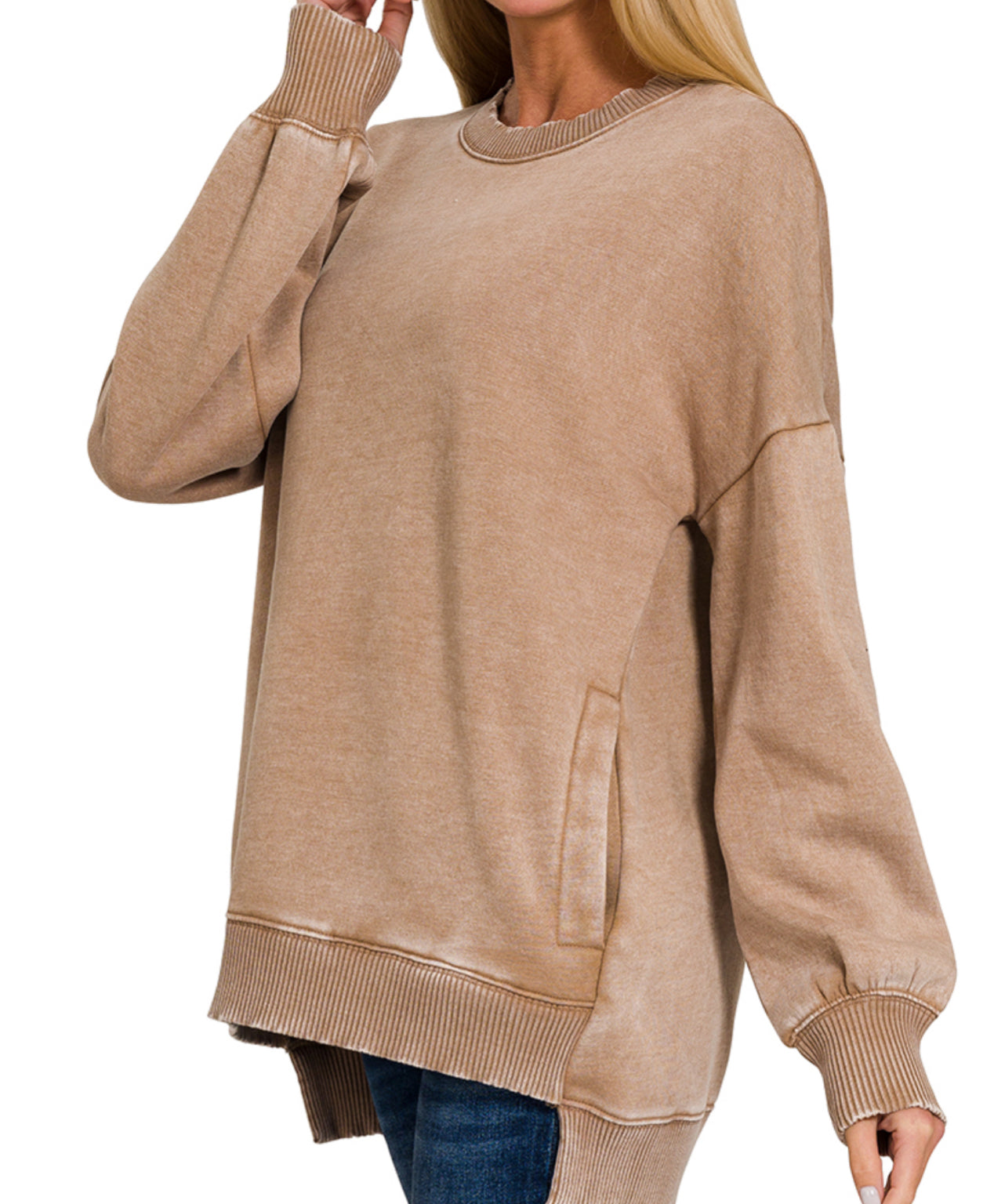 Camel Acid Wash Hi-Lo Hem Pullover with Pockets