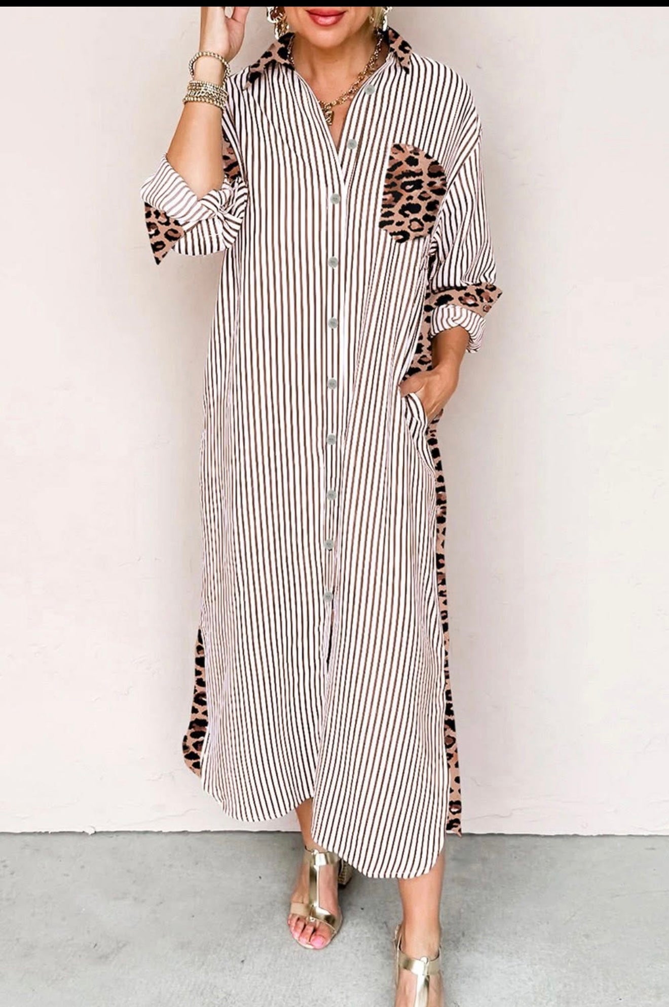 Striped/ Leopard mixed Print Button Down Maxi Dress