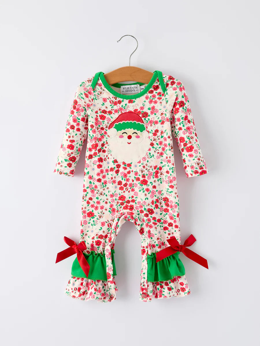 Santa Floral Long Sleeve Ruffle Romper