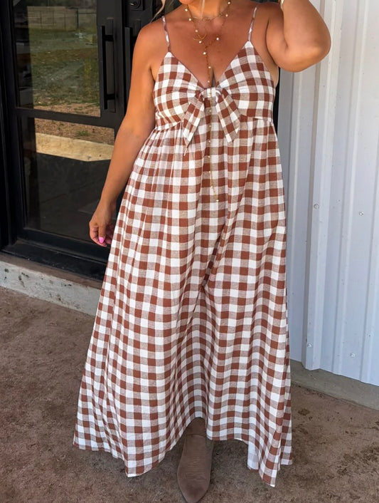 Brown Gingham Maxi Dress