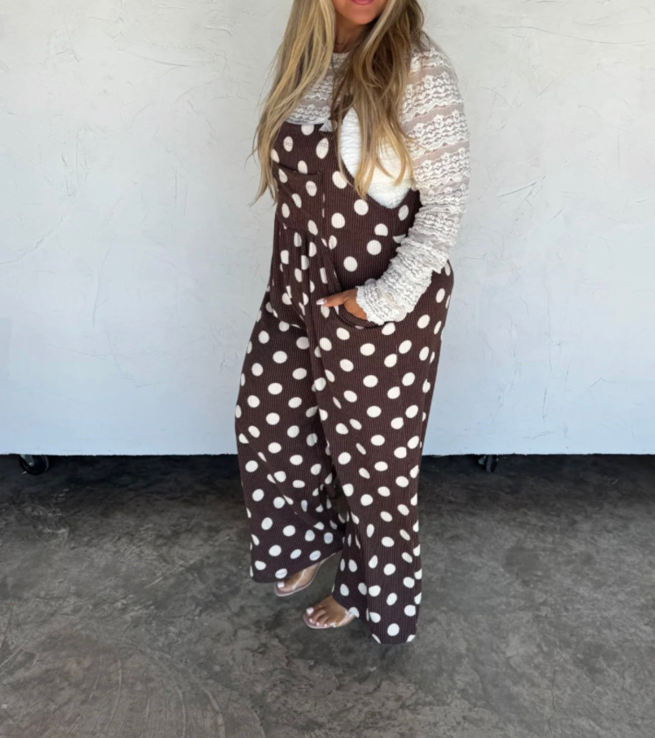Brown polka dot overalls