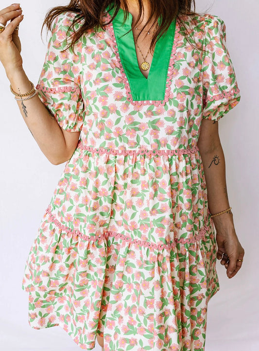 Green Ricrac trim Floral Dress