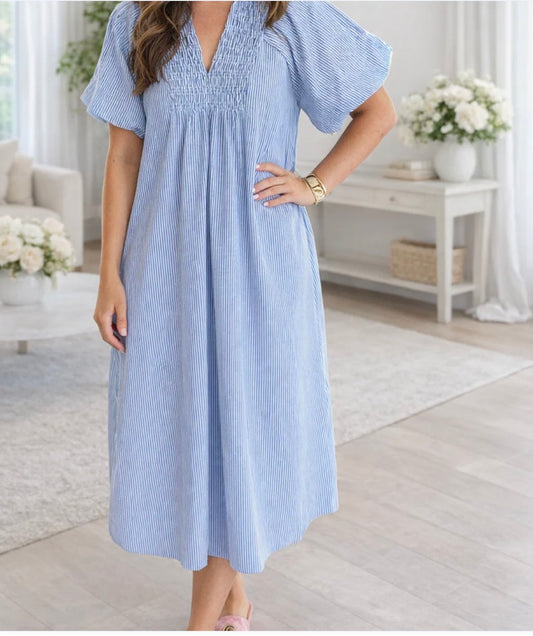 Blue Shirred Plus Dress