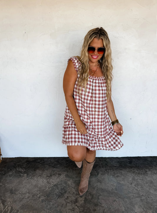Sunset Tides Gingham Babydoll Dress