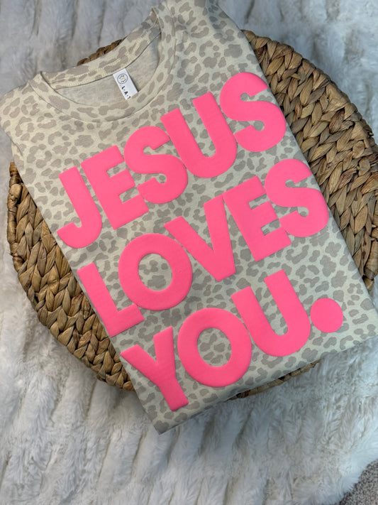 Jesus Loves You Leopard Pink Puff Print Graphic Tee