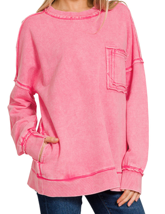 Fuchsia French Terry Raw Hem Front Pocket Pullover