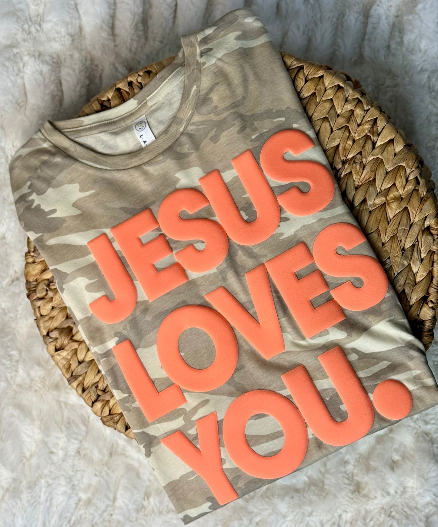 Jesus Loves You Camo Orange Puff Print Graphic Tee