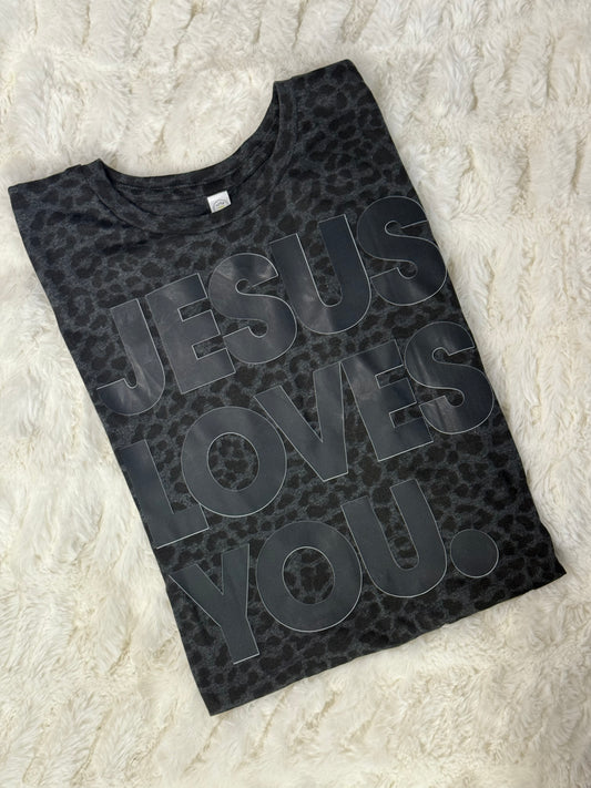 Jesus Loves you Black Leopard Graphic Tee