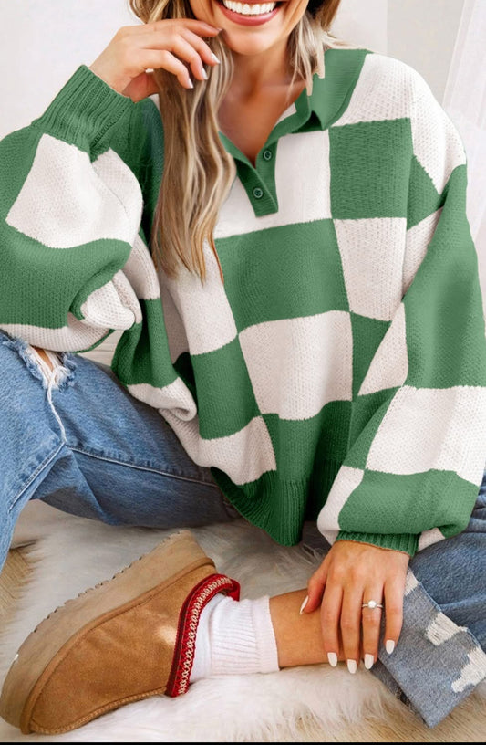 Green & White Checked Sweater