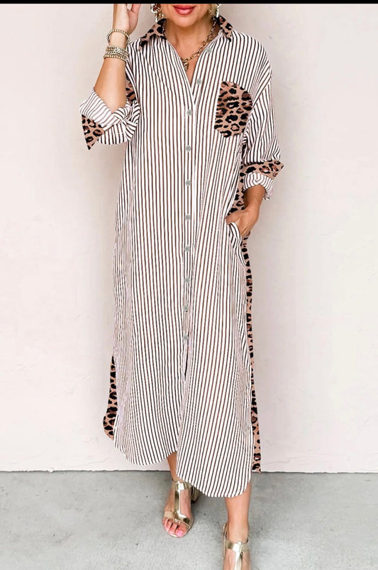 Striped/ Leopard mixed Print Button Down  Maxi Dress