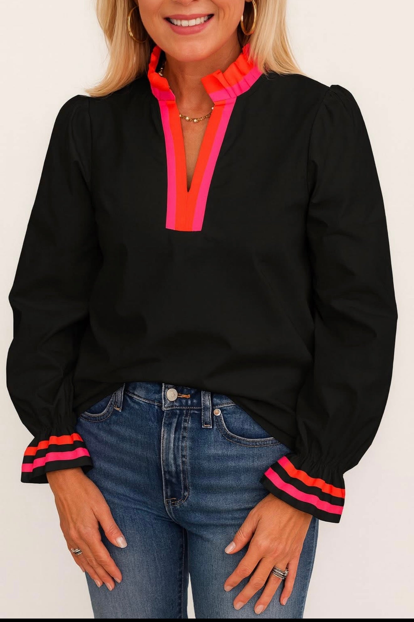 Pink & Red Black Striped Trim Top