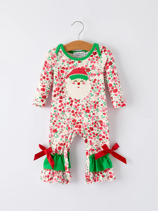 Santa Floral Long Sleeve Ruffle Romper